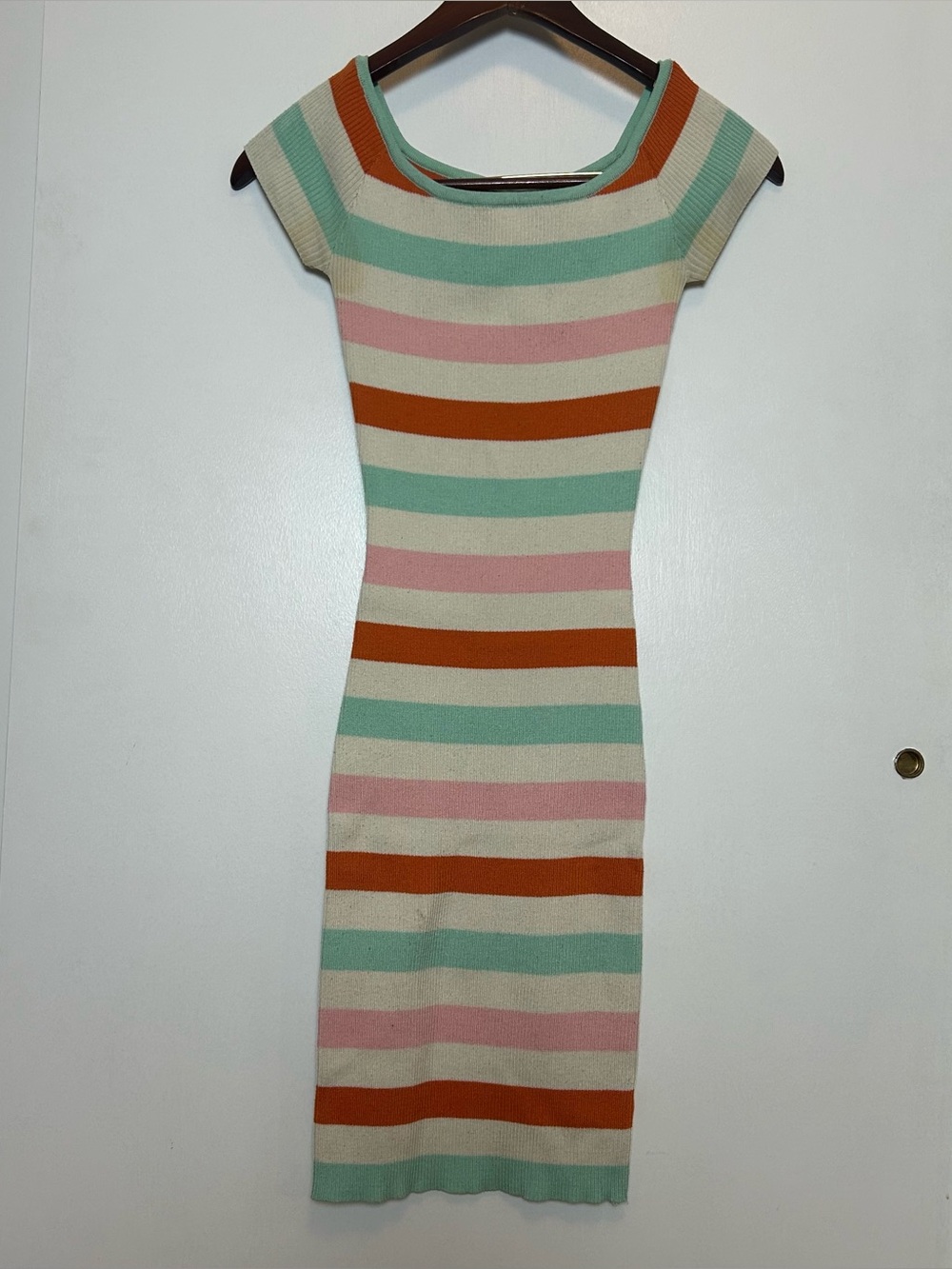 Striped Knit short sleeve Bodycon Dress in Mint, Pink & Cream Charlotte Russe S